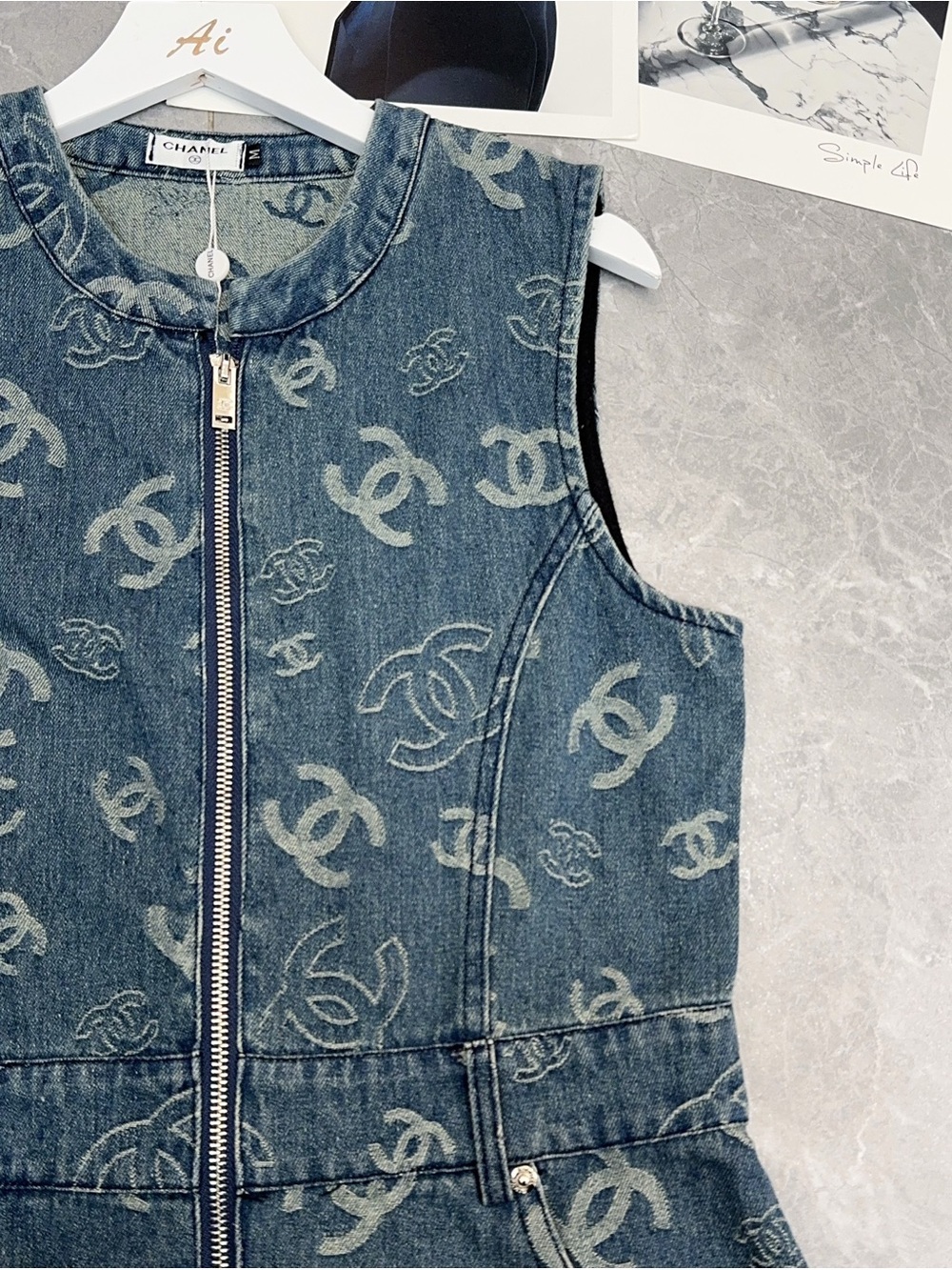 CHANEL Dark Blue Denim Logo Zip-Front Mini Dress with Gold-Tone Rope Belt - Picture 5 of 9